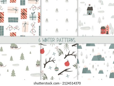 Set cute winter   Christmas seamless patterns  hand drawn flat vector illustration  Gift boxes  trees  houses  villages   Christmas ornaments  Simple scandinavian patterns and texture 
