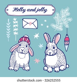 Set of cute winter and Christmas vector drawings, bunnies, tree branches, stars, floral elements