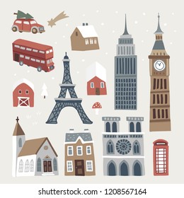 Set of cute winter city, town and village icons. Hand drawn houses, church, Eiffel and Big Ben tower, doubledecker and car. Flat design. Christmas isolated vector objects.