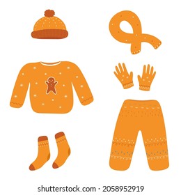 Set of cute winter clothes. Colorful  collection of winter clothes in cartoon style. Sweater, pants, hat, gloves, scarf and socks. Vector illustration.