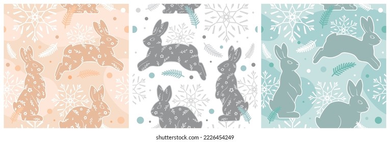 Set of cute winter festive seamless patterns of rabbits and snowflakes. Graphic vector illustration in trendy colors. 