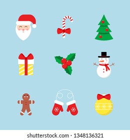 Set of cute winter flat icons for celebration of New year, Christmas, season holiday. Santa Claus, Christmas tree, mittens, candy cane, gift, snowman, Christmas star plant, ball, gingerbread. Vector.