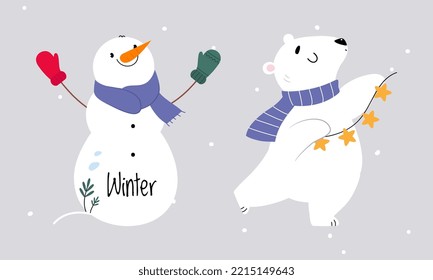 Set of cute winter forest animals. Snowman and polar bear Christmas characters vector illustration