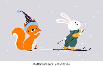 Set of cute winter forest animals. Squirrel and rabbit Christmas characters vector illustration