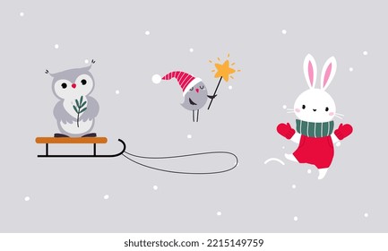 Conjunto de lindos animales del bosque de invierno. Caracteres vectoriales de búho, birdie y conejo de Navidad