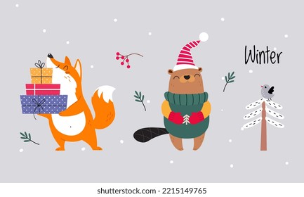 Set of cute winter forest animals. Red fox with gift boxes and bear Christmas characters vector illustration