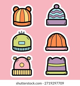 Conjunto de bonito chapéu de inverno desenhado à mão colorida coleção de adesivos de ilustração	