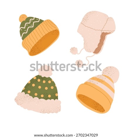 Set of cute winter hats. Knitted beanies and warm fur hat with pom poms. Cozy seasonal headwear for cold weather. Flat vector illustration isolated on white background.