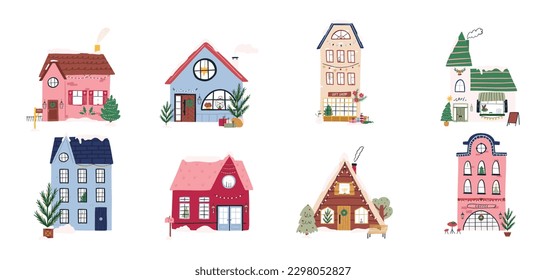 Set of cute winter houses, hand drawn flat vector illustration isolated on white background. Christmas decorated buildings with tree, snowman and lights. Cafe and gift shop building. Cute cabin house.