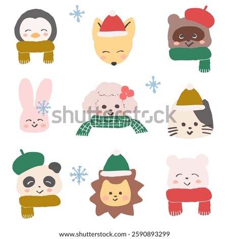 A set of cute winter icons of animals dressed up in scarves and hats. Hand-drawn cute illustrations