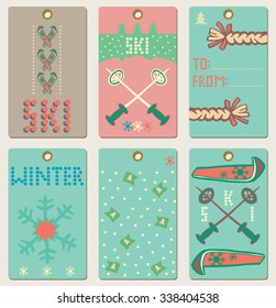 Set of Cute Winter Labels with cartoon SKI elements and Text.