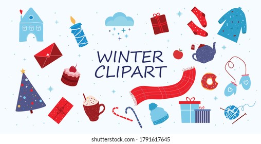 Set of cute winter objects, christmas elements. Seasonal icons collection. Isolated vector illustration