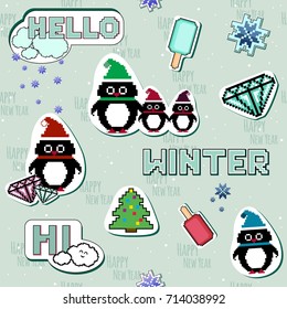 Set of cute winter patches, pins, stickers, badges. Pixel art style.
