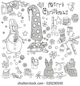 Conjunto con bocetos de invierno lindos. Blanco y negro. Muñeco de nieve, árbol de Navidad, regalos, copos de nieve, nieve, calcetines de Navidad. Libro para colorear. Ilustración vectorial.