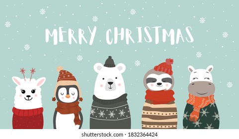 Conjunto de lindos animales de invierno sonrientes con copos de nieve. Zoológico de dibujos animados. Ilustración vectorial. Carteles para el diseño de productos infantiles al estilo escandinavo. Feliz Navidad.