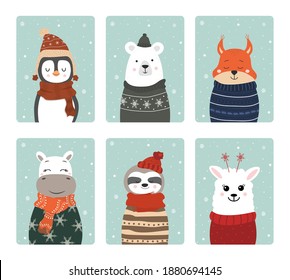 Set of cute winter smiling animals with snowflakes. Cartoon zoo. Vector illustration. Posters for the design of children products in scandinavian style