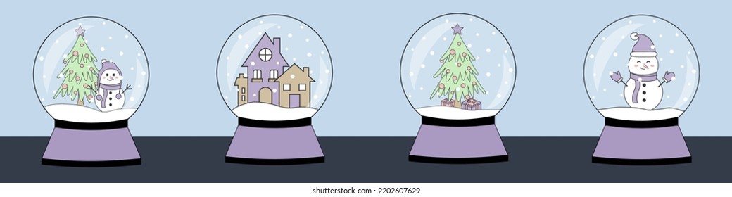 Juego de lindos globos de nieve de invierno con árbol de Navidad, muñeco de nieve y casas en él. Ilustración vectorial plana