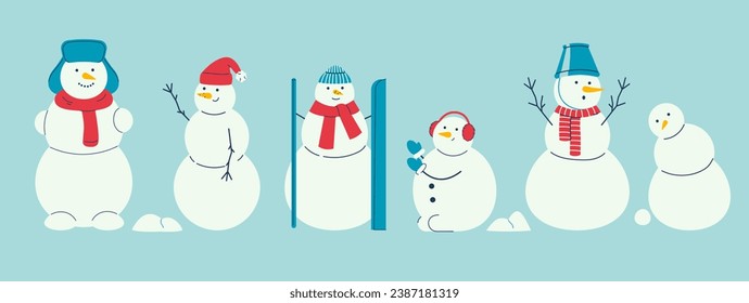 Set of Cute winter snowman in hat, bucket. Happy characters snow ball. Outdoor holiday activity. Vector illustration