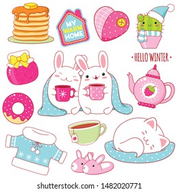 Set of cute winter stickers in kawaii style. White rabbits with cups, sleeping cat, teapot, donut, cactus in a scarf and hat, sweater, slippers, jam, pancakes, heart shaped pillow. EPS8