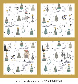 Set of Cute winter trees seamless pattern on white background