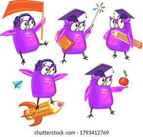 Un juego de búhos sabios en diferentes poses. Caricatura divertida, de vuelta al concepto escolar.