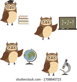 Set of cute wise owls with school elements. Vector illustration.