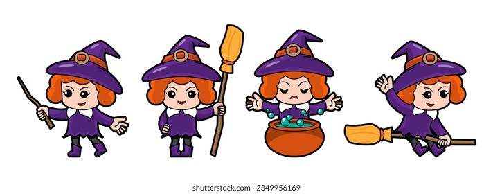 Set of cute Witch cartoon characters . Halloween concept . Isolate white background . Vector .