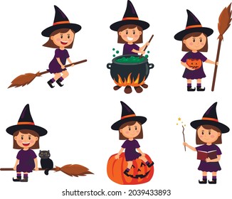 Set with cute witch characters. Vector illustration for Halloween.