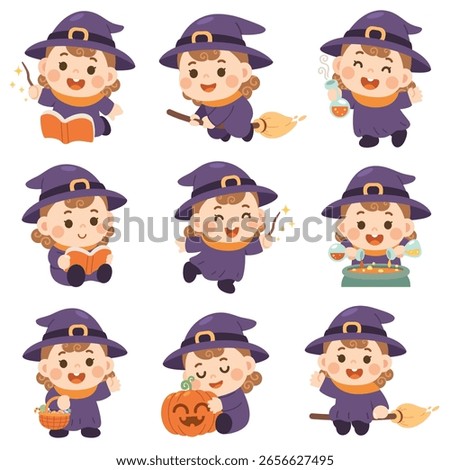 Set of Cute Witch Girl in 9 Magical Poses – Halloween Cartoon Character Collection