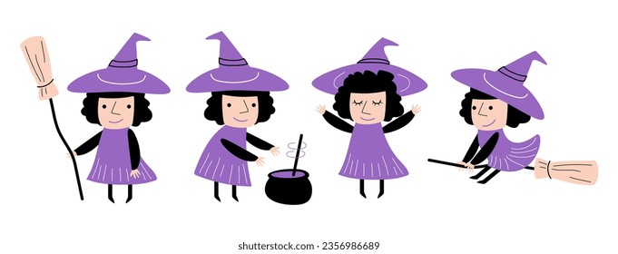 Set of cute Witch . Halloween cartoon characters . Doodle drawing style . Vector.