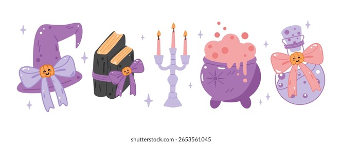 Set of cute witch Halloween elements hat, spell books, candelabra, cauldron, and potion bottle. Perfect for spooky designs.