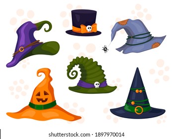 Set of cute witch halloween hats. Cartoon vector illustration. All elements are isolated. Great for prints, decor and web design.