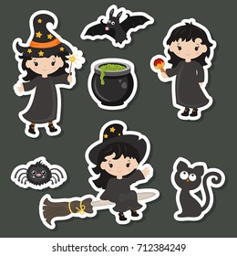 Set of cute witch stickers. Happy Halloween.