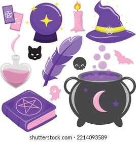 Set cute witch, vector illustration.