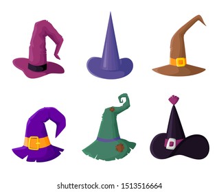 Set of cute witches hats for halloween party, wizard headgears clipart - isolated vector icons on white, funny and creepy objects, traditional holiday isolated symbols, flat style