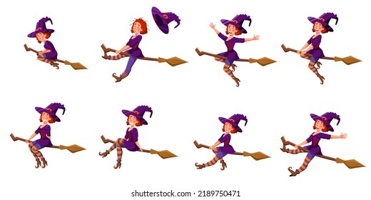 A set with cute witches on a broom in different poses.