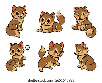 Set of cute wolves with pajamas in various poses, vector illustrations. Doodle flat art style, isolated and easy to use for creative projects and designs.