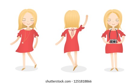 Set of cute woman characters in red dress with camera. Vector flat cartoon illustration.