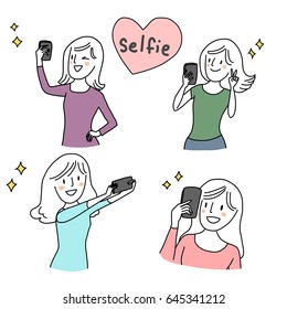 Set of cute woman making selfie such as woman smiling and showing V sign to smartphone camera, woman with one arm akimbo and winking eye, woman with two hands holding cellphone for taking selfie.