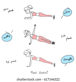 Set of cute woman planking in various poses such as elbow plank, side plank, full plank. Vector illustration with hand-drawn style.