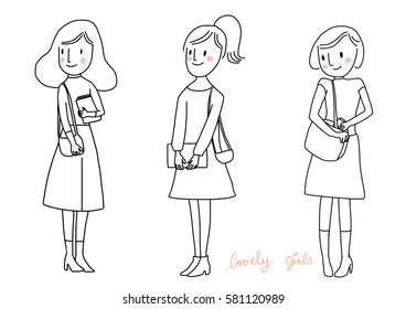 Set of cute woman standing such as girl waiting for her ride, girl with bob hairstyle  grasping cell phone from her shoulder bag, girl holding folder in her arm. Vector illustration with doodle style.