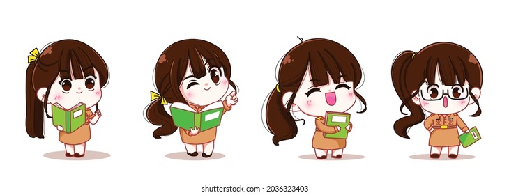 Set of Cute woman teacher in government uniform character cartoon art illustration