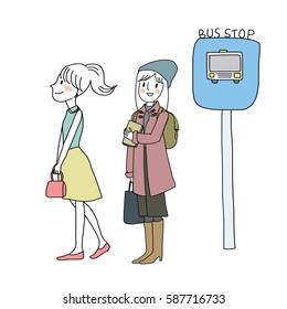 Set of cute woman waiting for her ride at bus stop such as girl with ponytail standing and looking for bus coming, girl with beanie and knapsack holding book. Vector illustration with doodle style.