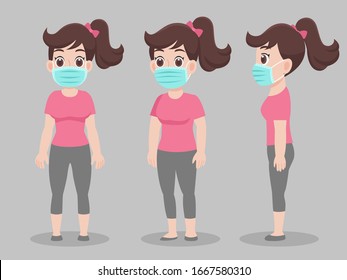 Set of cute Woman wearing protective Medical mask for prevent virus Wuhan Covid-19.Corona virus, people wearing a surgical mask. Health careconcept. character pose front side turn around cartoon.