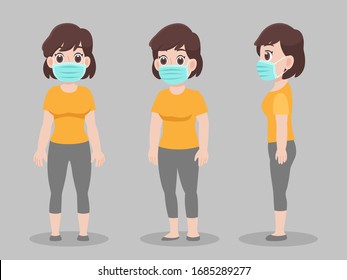 Set of cute Woman wearing protective Medical mask for prevent virus Wuhan Covid-19.Corona virus, people wearing a surgical mask. Health careconcept. character pose front side turn around cartoon.