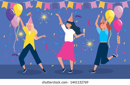 set of cute women dancing with party hat and banner