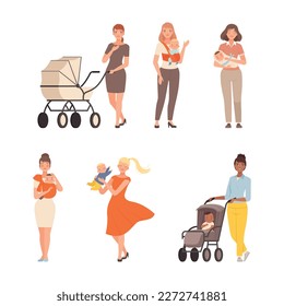 Set of cute women with newborn babies. Moms holding babies in their arms and walking with baby stroller cartoon vector illustration