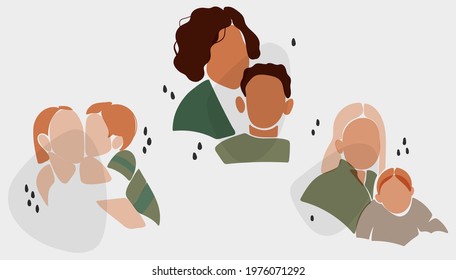 Set of cute women with sons of different ages. Collection of different children with happy parents feeling love. Isolated on white flat outline vector illustration. Mother and children hug each other.