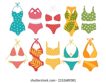 A set of cute women's swimwear. Flat doodle clipart. All objects are repainted.