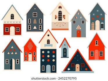 Set of cute wooden house models. Collection of toy wood houses, front view. House insurance, mortgage, buying and rent concept. Vector illustration EPS8